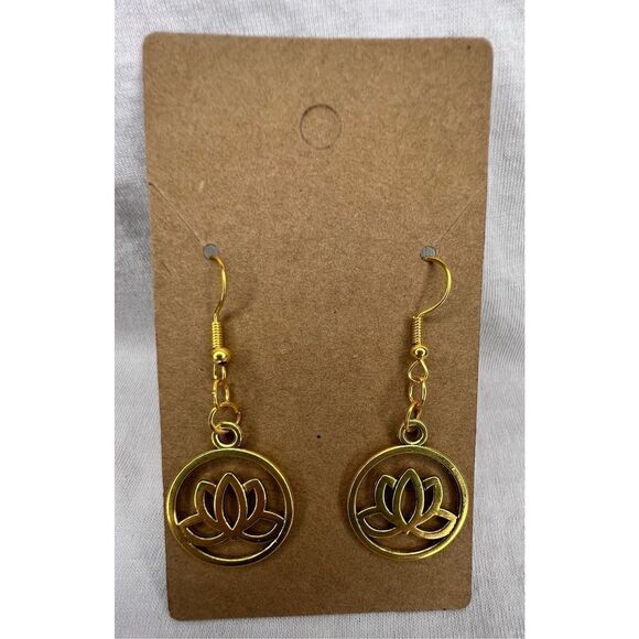 Handmade Gold Circular Lotus Dangly Earrings - Picture 1 of 4